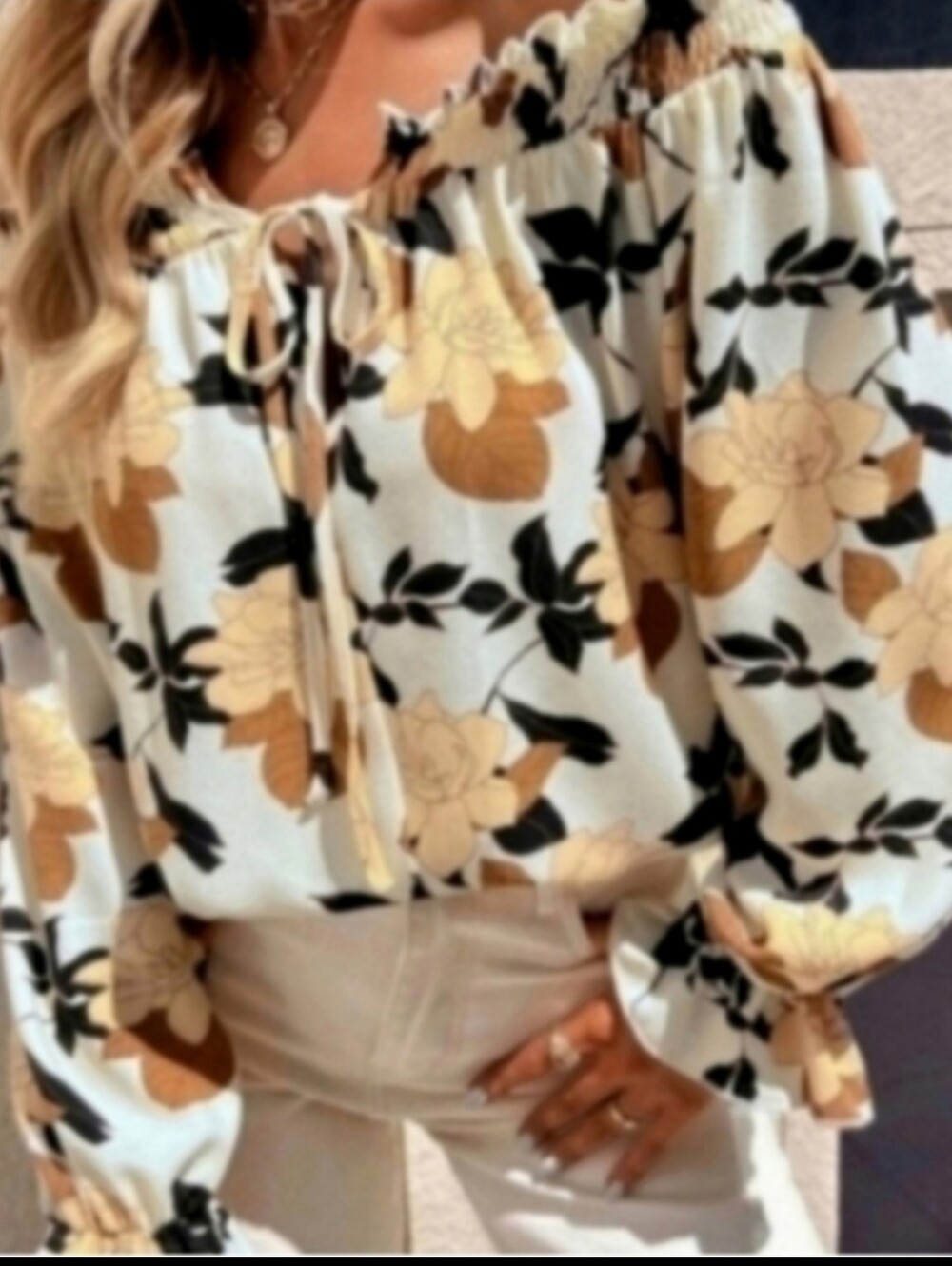 Off-Shoulder Floral Peasant Top in Cream and Brown